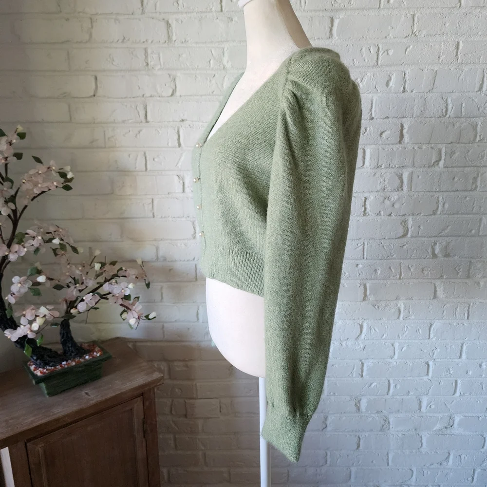 SOLD Mango Pearl NWOT Button Knit Cardigan | S | Puff/Peasant Sleeve - Picture 6 of 8